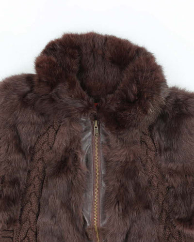 Vintage Y2k 00s Brown Knit Faux Fur Zip-Up Jumper - S