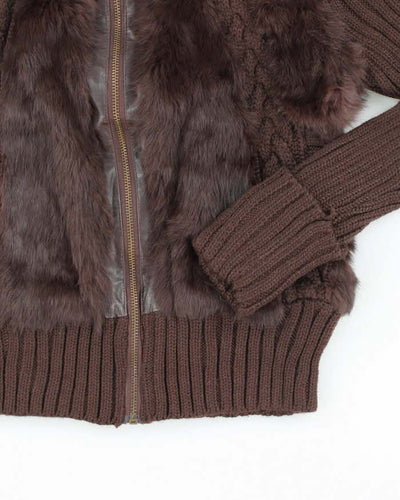 Vintage Y2k 00s Brown Knit Faux Fur Zip-Up Jumper - S