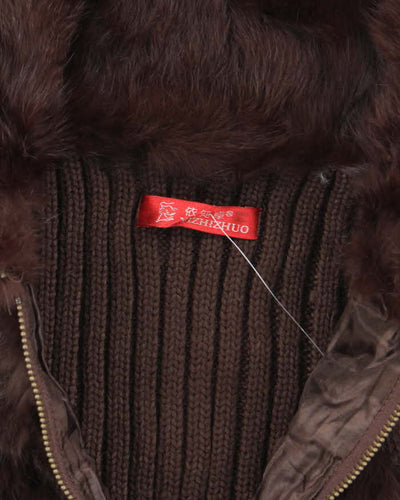 Vintage Y2k 00s Brown Knit Faux Fur Zip-Up Jumper - S