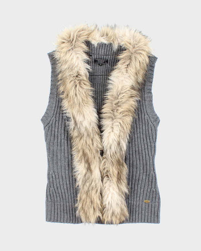Y2k 00s Guess Faux Fur Collared Grey Knit Vest - M