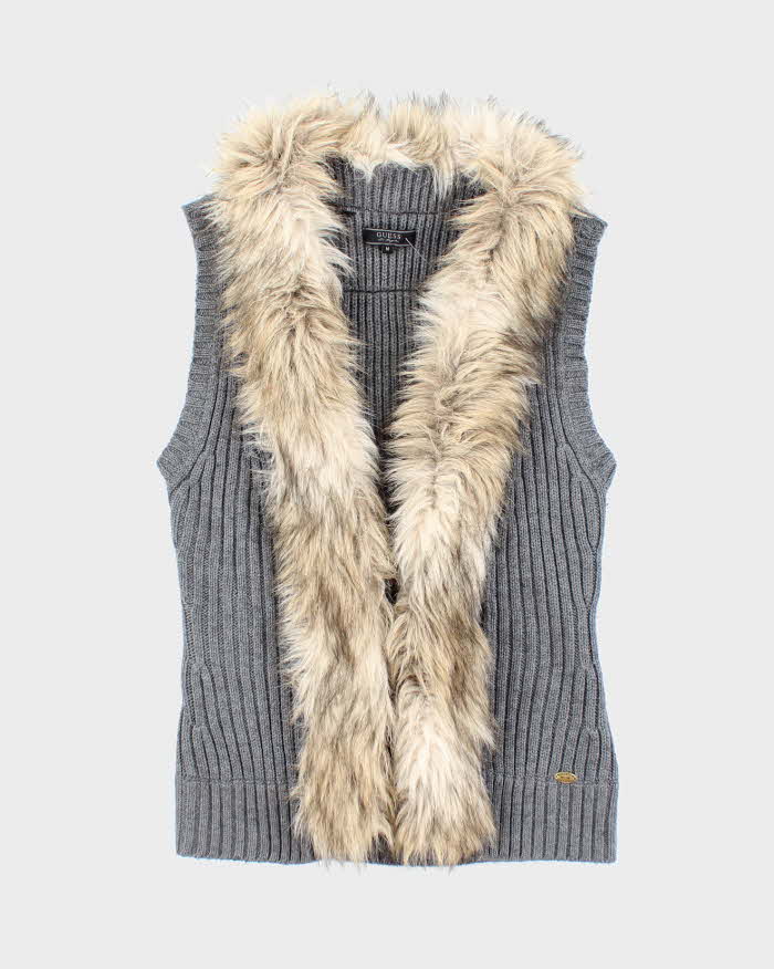 Y2k 00s Guess Faux Fur Collared Grey Knit Vest - M