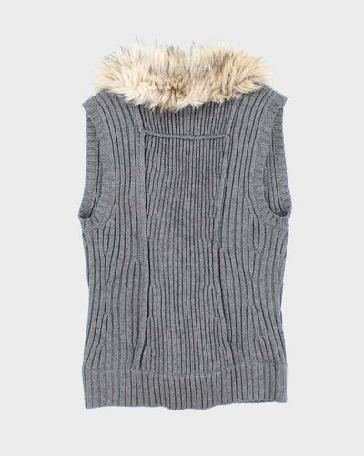 Y2k 00s Guess Faux Fur Collared Grey Knit Vest - M