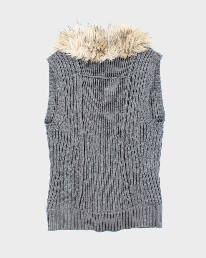 Y2k 00s Guess Faux Fur Collared Grey Knit Vest - M