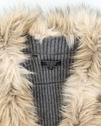 Y2k 00s Guess Faux Fur Collared Grey Knit Vest - M