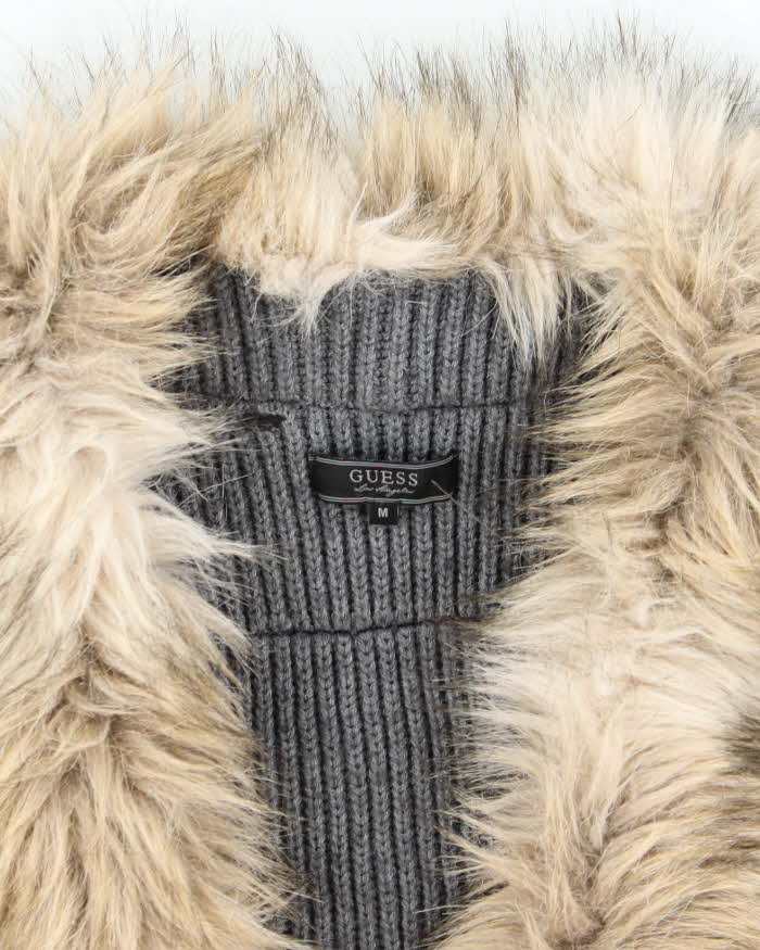 Y2k 00s Guess Faux Fur Collared Grey Knit Vest - M