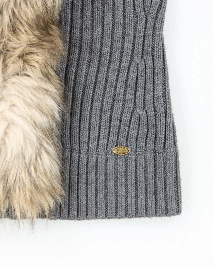 Y2k 00s Guess Faux Fur Collared Grey Knit Vest - M