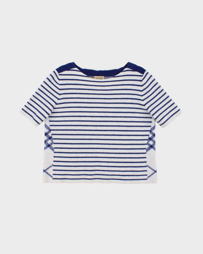 Women's Burberry 100% Wool Blue Striped Boatneck Tee Jumper - L