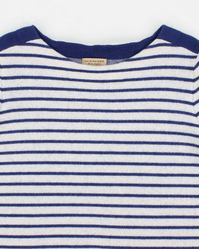 Women's Burberry 100% Wool Blue Striped Boatneck Tee Jumper - L