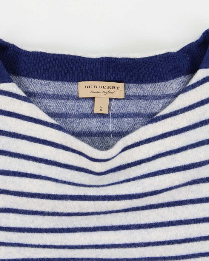 Women's Burberry 100% Wool Blue Striped Boatneck Tee Jumper - L