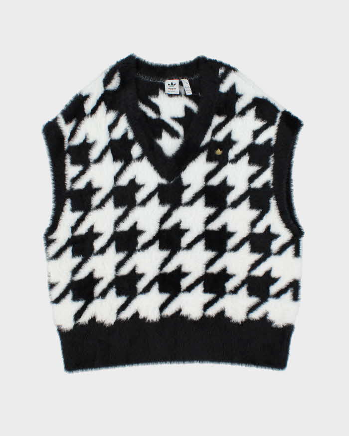 Adidas Originals Black & White Houndstooth Fluffy Oversized Sweater Vest - M