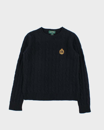 Vintage 00s Lauren Ralph Lauren Navy Wool Crewneck Cable Knit Jumper - S