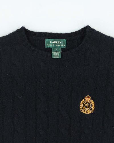 Vintage 00s Lauren Ralph Lauren Navy Wool Crewneck Cable Knit Jumper - S