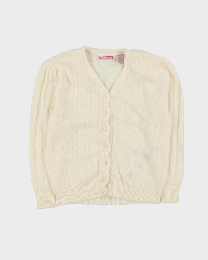 Vintage 1980s Women's Sears Wool Angora Blend Cable Knit Pearl Cardigan - L