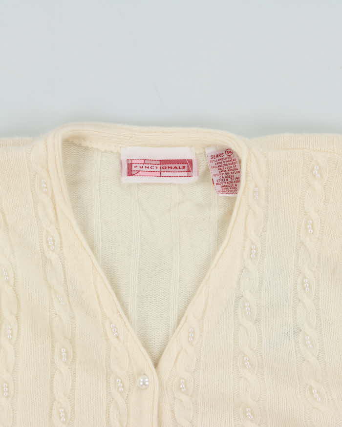 Vintage 1980s Women's Sears Wool Angora Blend Cable Knit Pearl Cardigan - L