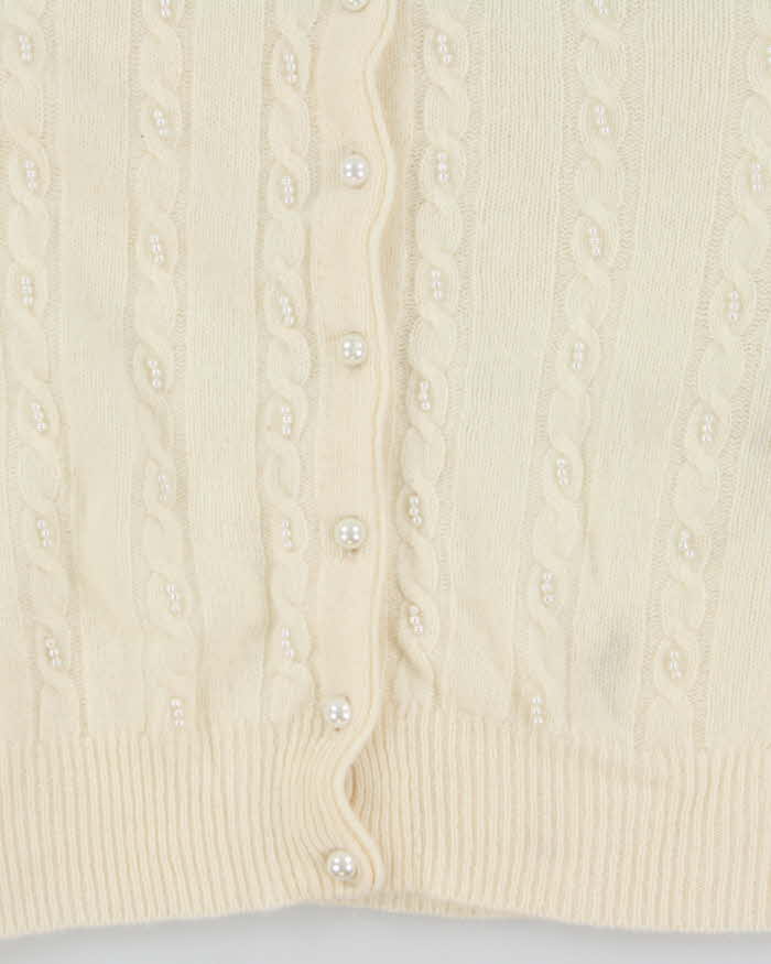 Vintage 1980s Women's Sears Wool Angora Blend Cable Knit Pearl Cardigan - L