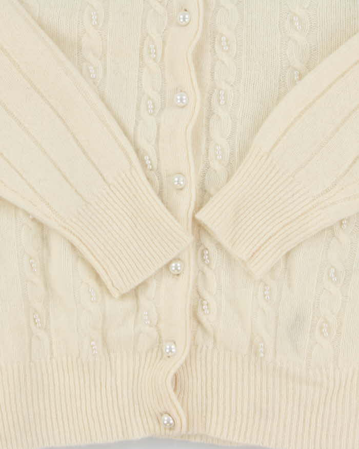 Vintage 1980s Women's Sears Wool Angora Blend Cable Knit Pearl Cardigan - L