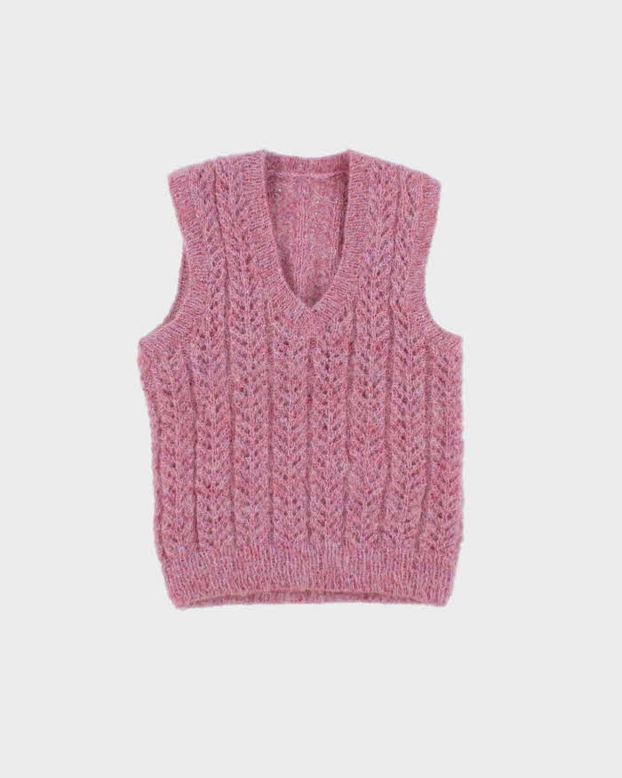 Vintage 1990s Women's Hand Knit Cable Mohair Wool Chunky Sweater Vest - XS