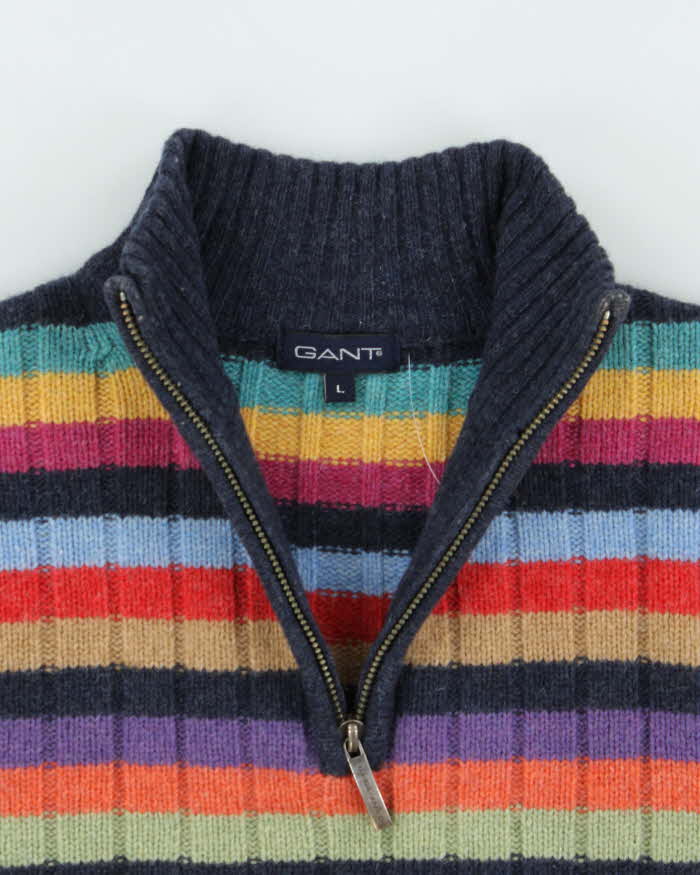 Vintage Y2K 00s Women's Gant Striped Wool Ribbed Quarter-Zip Knit Jumper - L