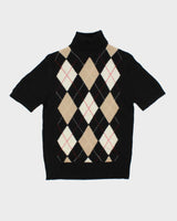 Vintage 1990s Giordano Women's Wool Short Sleeve Argyle Knit Roll Neck Jumper - L