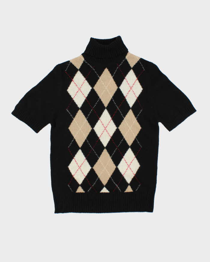 Vintage 1990s Giordano Women's Wool Short Sleeve Argyle Knit Roll Neck Jumper - L