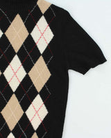 Vintage 1990s Giordano Women's Wool Short Sleeve Argyle Knit Roll Neck Jumper - L