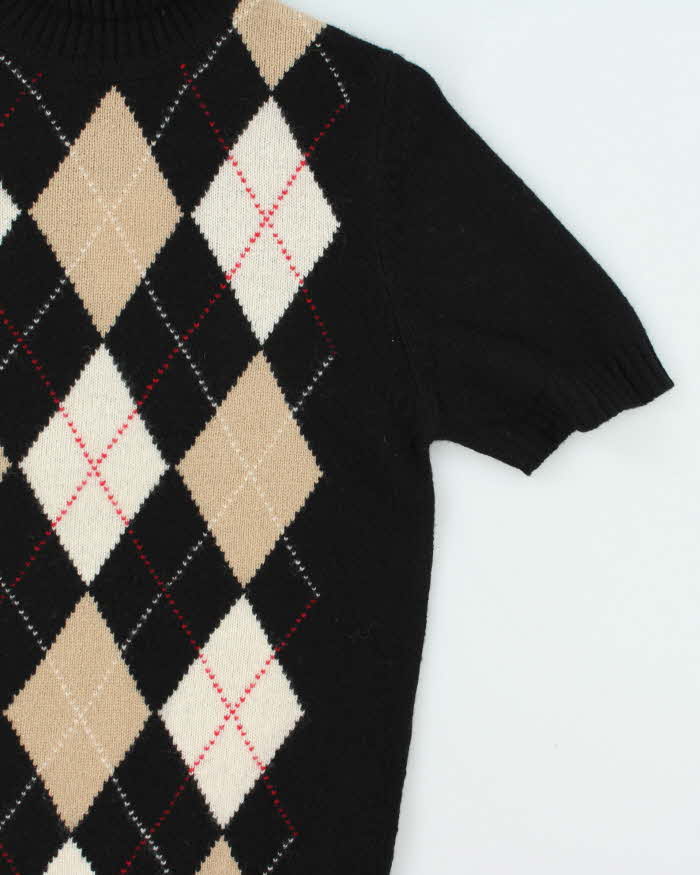 Vintage 1990s Giordano Women's Wool Short Sleeve Argyle Knit Roll Neck Jumper - L