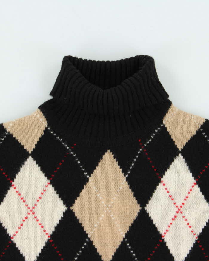 Vintage 1990s Giordano Women's Wool Short Sleeve Argyle Knit Roll Neck Jumper - L