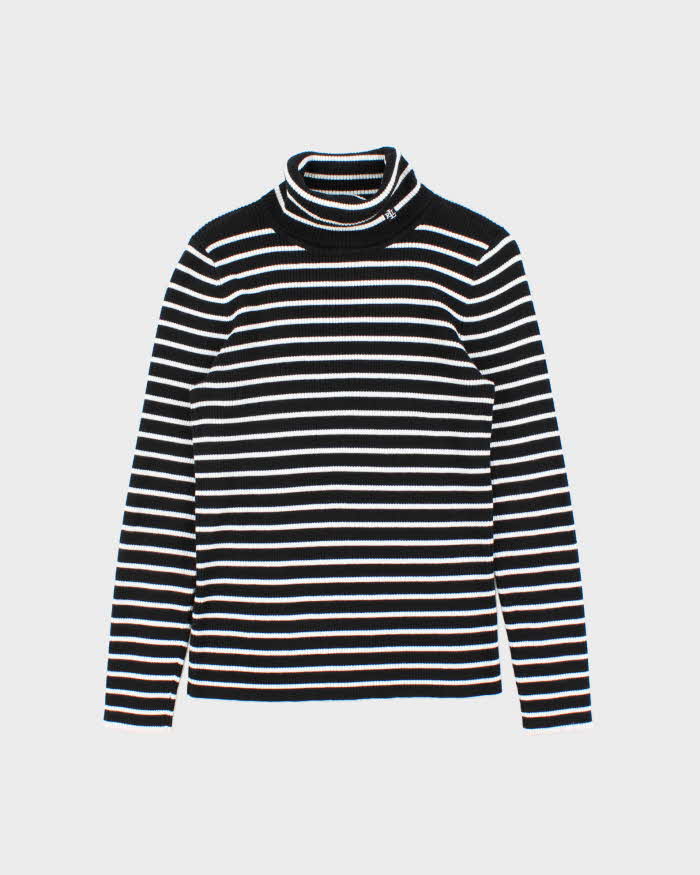 Vintage Y2K 00s Lauren Ralph Lauren Women's Striped Stretch Ribbed Roll Neck Knit Jumper - L