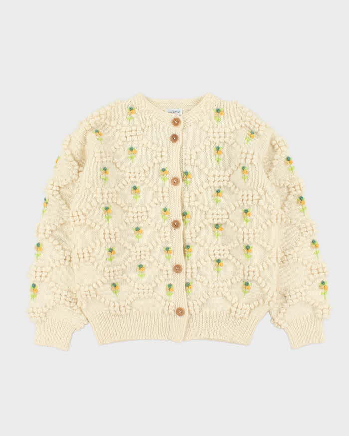 Vintage Franse Chunky Knit Applique Flower Wool Cardigan - M