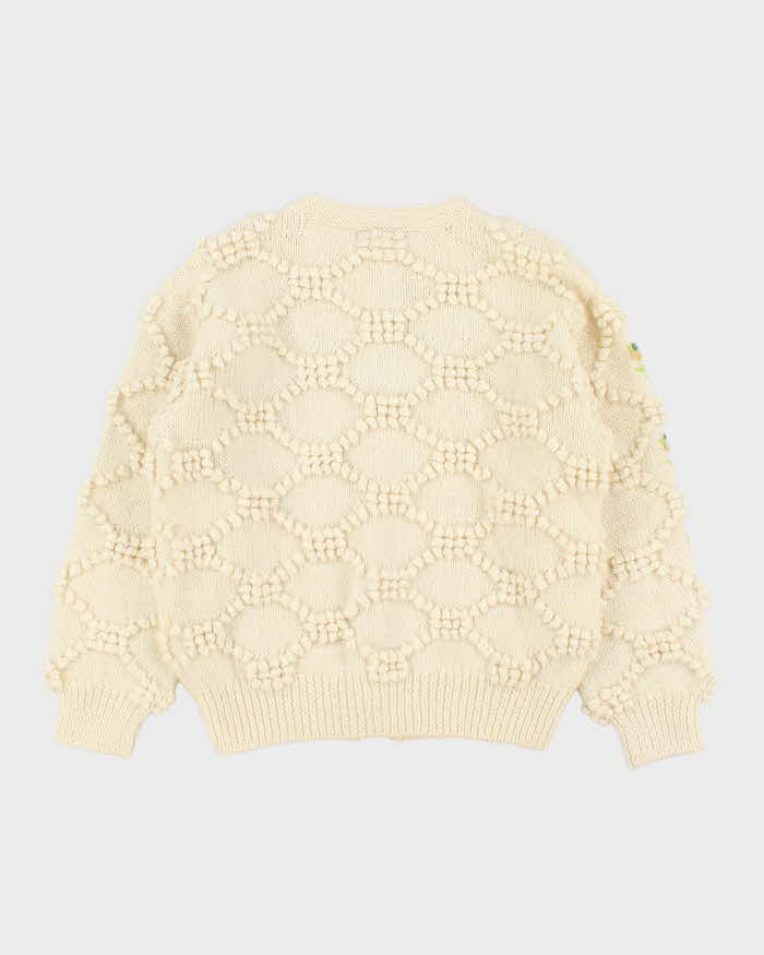 Vintage Franse Chunky Knit Applique Flower Wool Cardigan - M