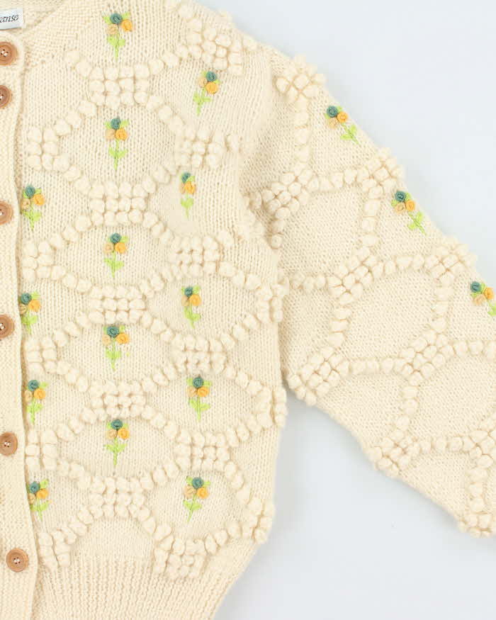 Vintage Franse Chunky Knit Applique Flower Wool Cardigan - M