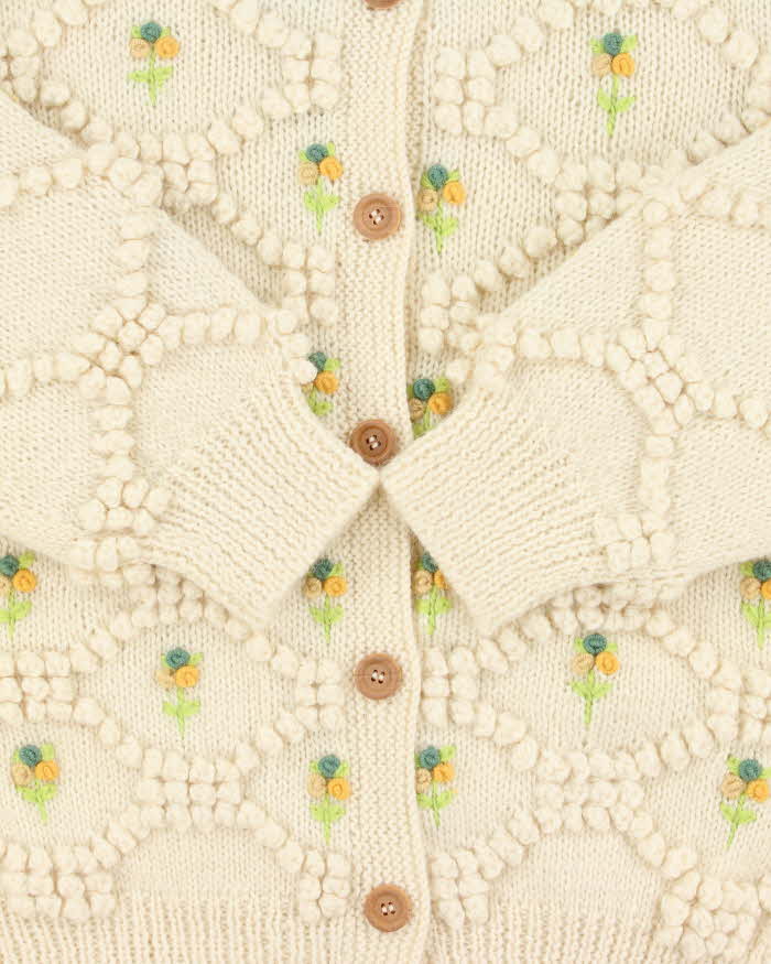 Vintage Franse Chunky Knit Applique Flower Wool Cardigan - M