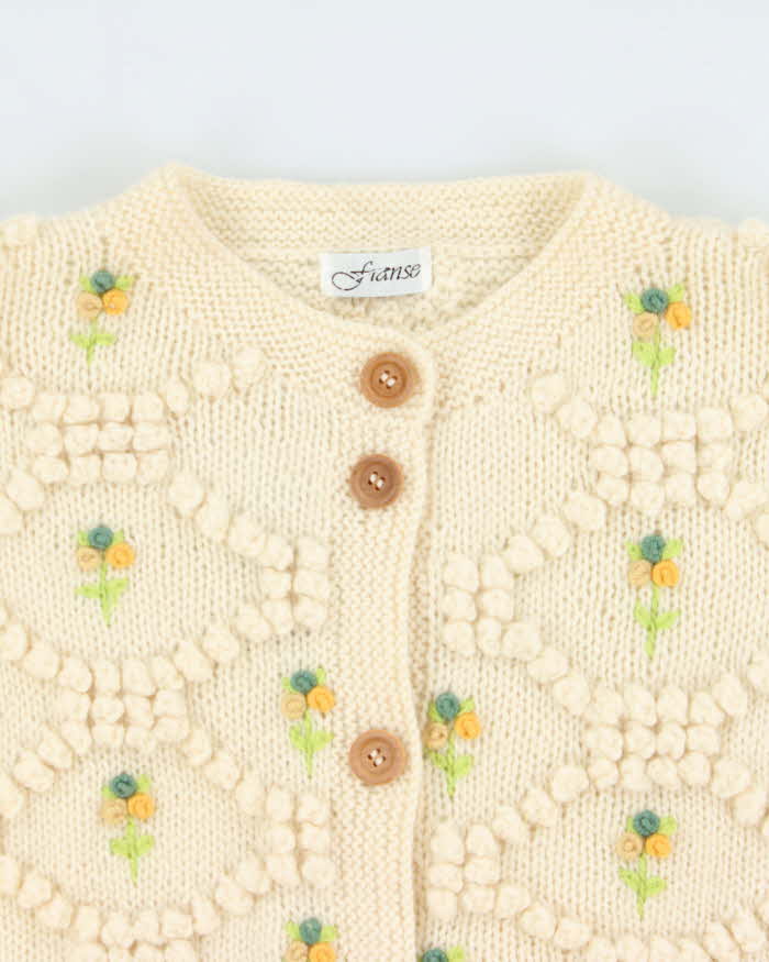 Vintage Franse Chunky Knit Applique Flower Wool Cardigan - M