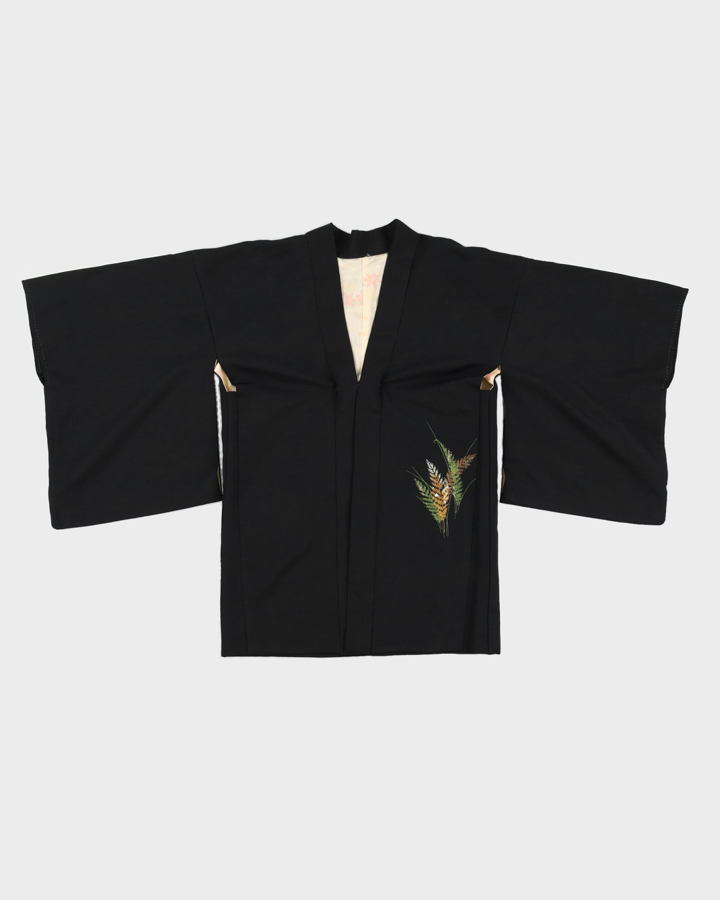 Black With Green Leaves Pattern Haori Kimono - M