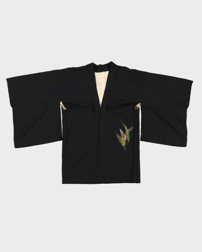 Black With Green Leaves Pattern Haori Kimono - M