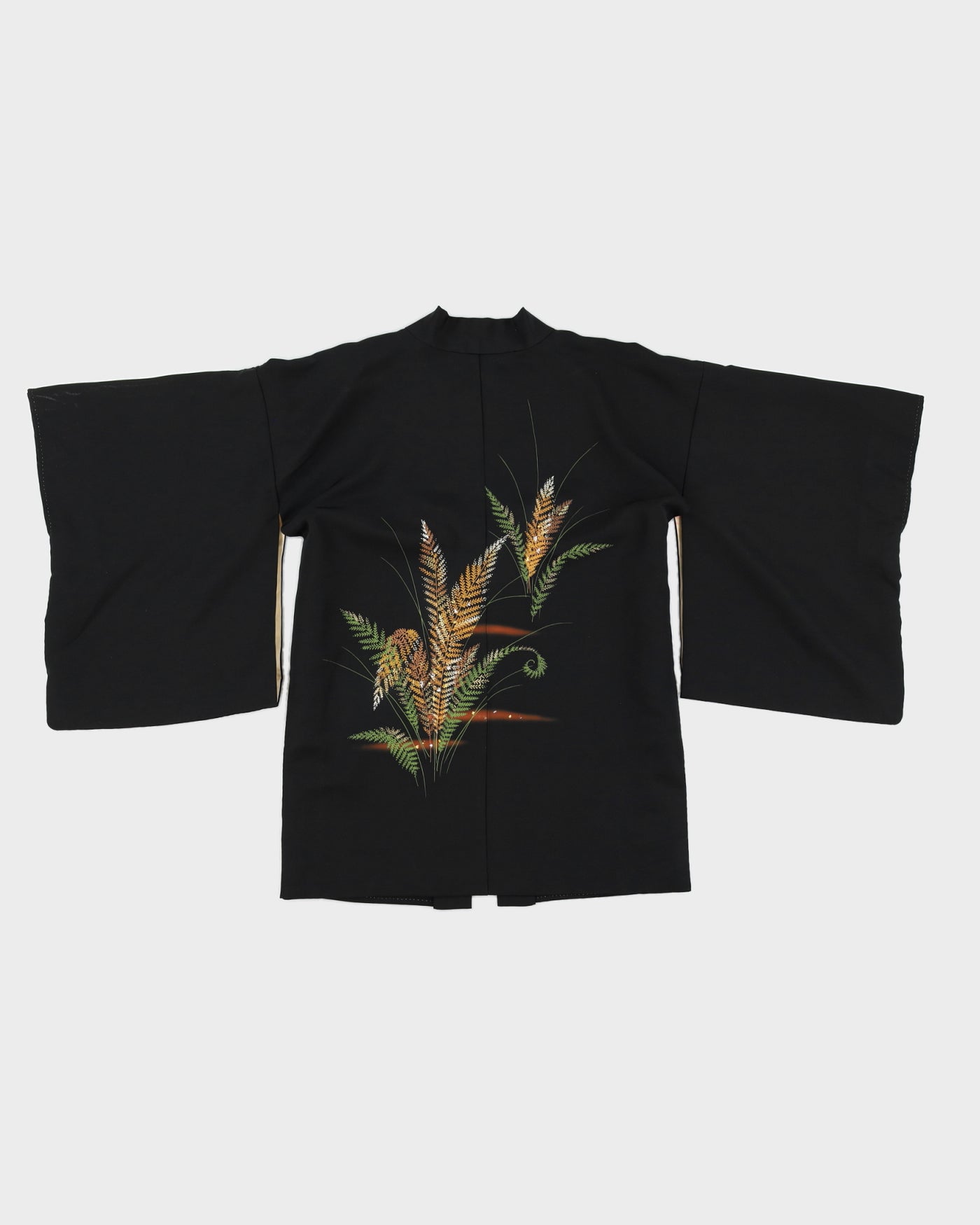 Black With Green Leaves Pattern Haori Kimono - M