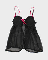 90s Black Mesh Polka Dot Lingerie Top - S