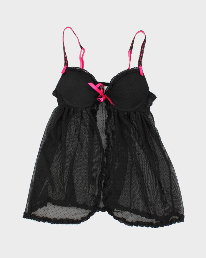 90s Black Mesh Polka Dot Lingerie Top - S