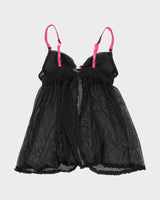 90s Black Mesh Polka Dot Lingerie Top - S