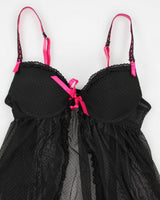 90s Black Mesh Polka Dot Lingerie Top - S