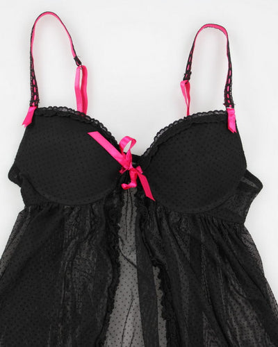 90s Black Mesh Polka Dot Lingerie Top - S
