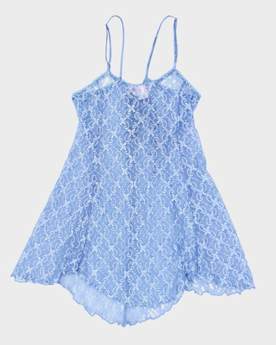 90s Blue Floral Mesh Lingerie Dress - M
