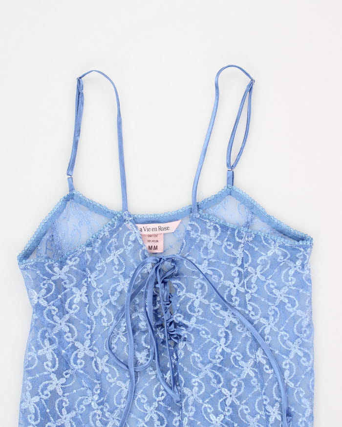 90s Blue Floral Mesh Lingerie Dress - M