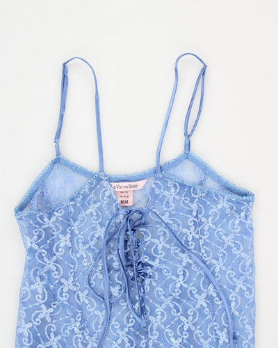 90s Blue Floral Mesh Lingerie Dress - M