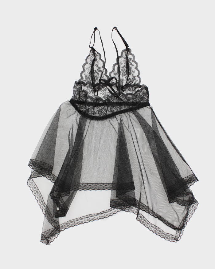 Y2k 00s Black Mesh Handkerchief Hem Lingerie Top - S