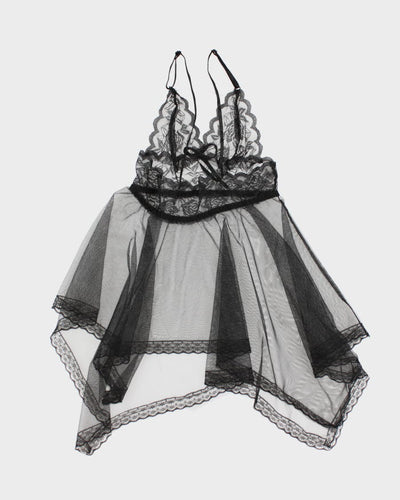 Y2k 00s Black Mesh Handkerchief Hem Lingerie Top - S