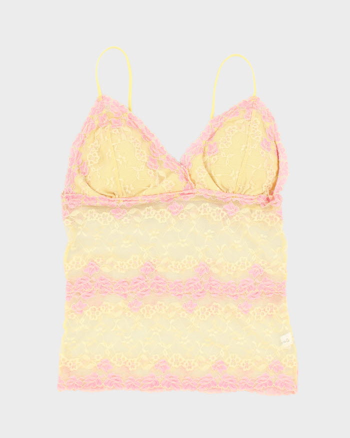 Y2k 00s Mesh Yellow And Pink Lace Cami - S