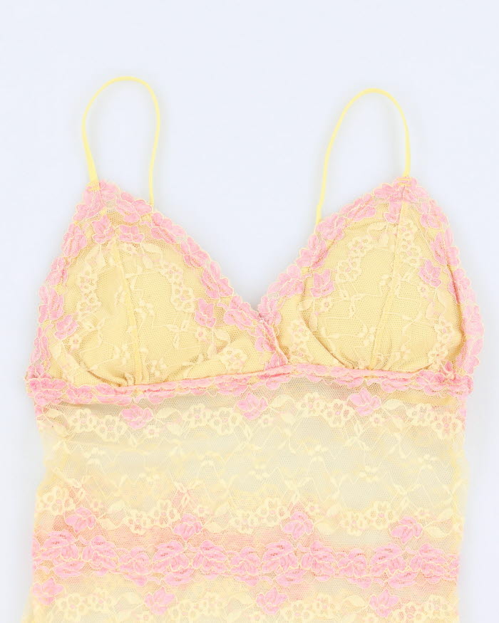 Y2k 00s Mesh Yellow And Pink Lace Cami - S