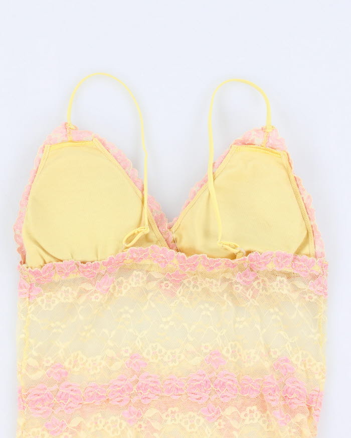Y2k 00s Mesh Yellow And Pink Lace Cami - S