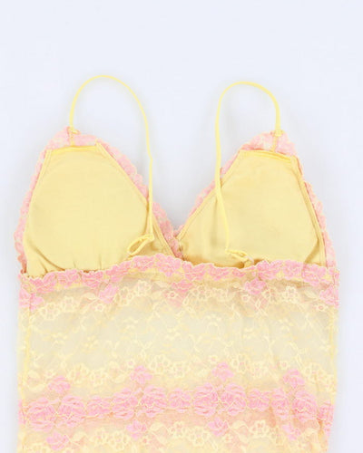 Y2k 00s Mesh Yellow And Pink Lace Cami - S